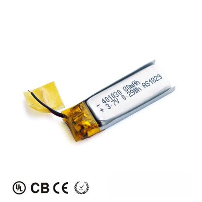 Brinca 401030 a bateria KC do polímero do lítio de 80mah 3.7v com o conector do PCM do fio