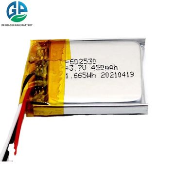 Bateria recarregável 3.7V 450mAh 1.665Wh 602530 do polímero do li do KC