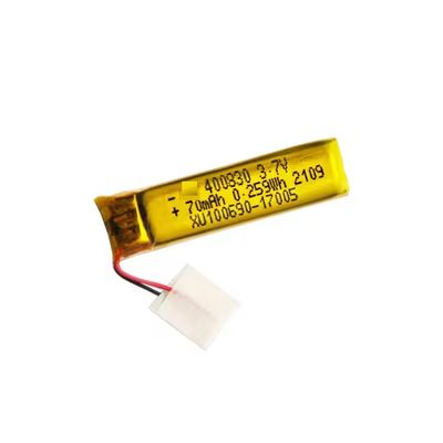 Bateria LiPo recarregável de polímero de lítio modelo 400830 de 3,7V 70mAh para produtos digitais