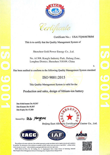 China shenzhen gold power energy co.,ltd Certificações